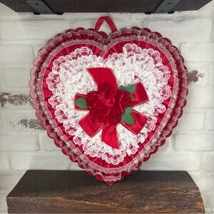 VINTAGE VALENTINE HEART BOX- 17.5” Large Frilly Lace Rose Ribbon—LOFT CANDY- NY
